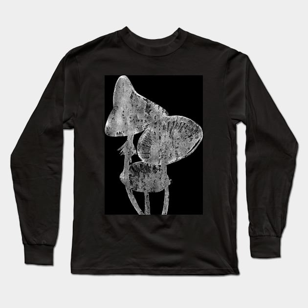 Wild forest mushrooms and moss at the meadow isolated on black. Simple abstract boho, Scandinavian monochrome painting. Design for the print, fabric, poster, wallpaper, cover and packaging, wrapping. Long Sleeve T-Shirt by Olesya Pugach